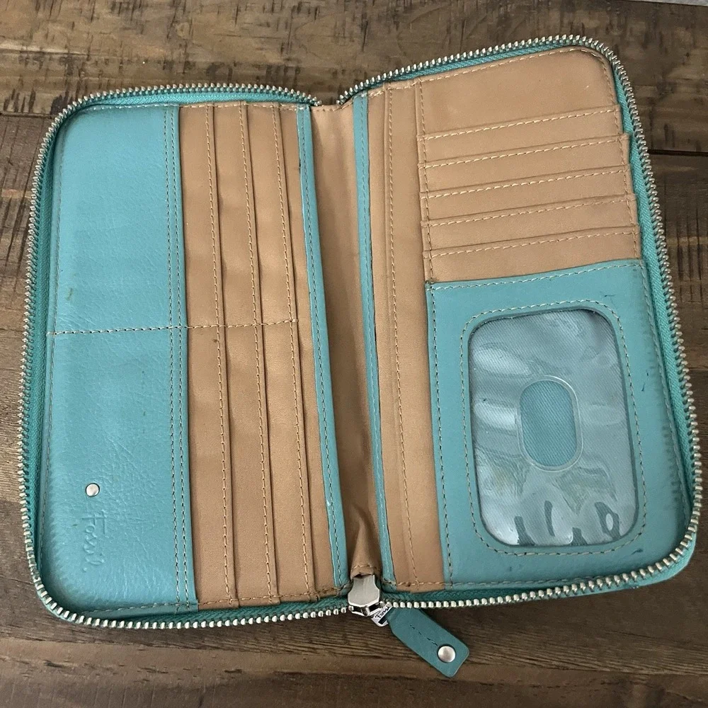 Fossil Jori‎ Flap Clutch Teal Leather Zip Wallet